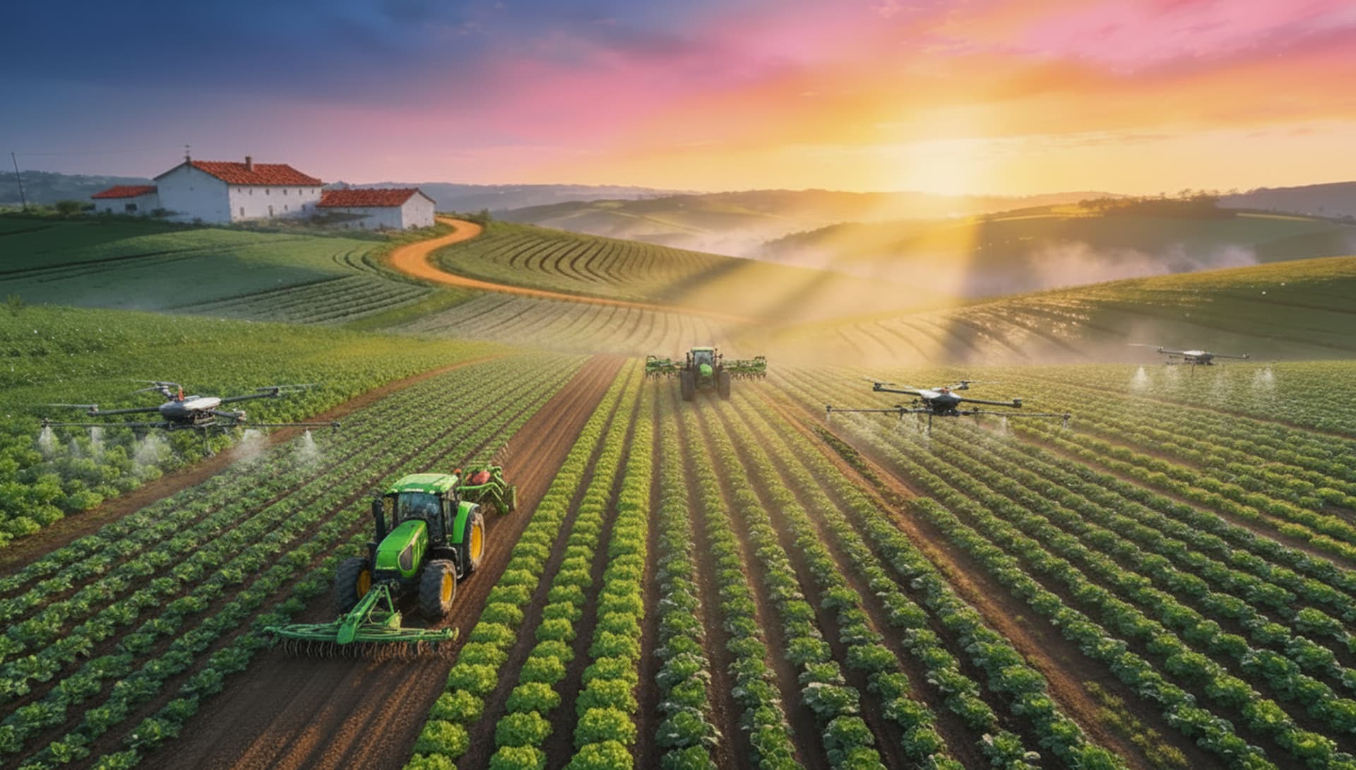 Agricultural field with drones and tractors
